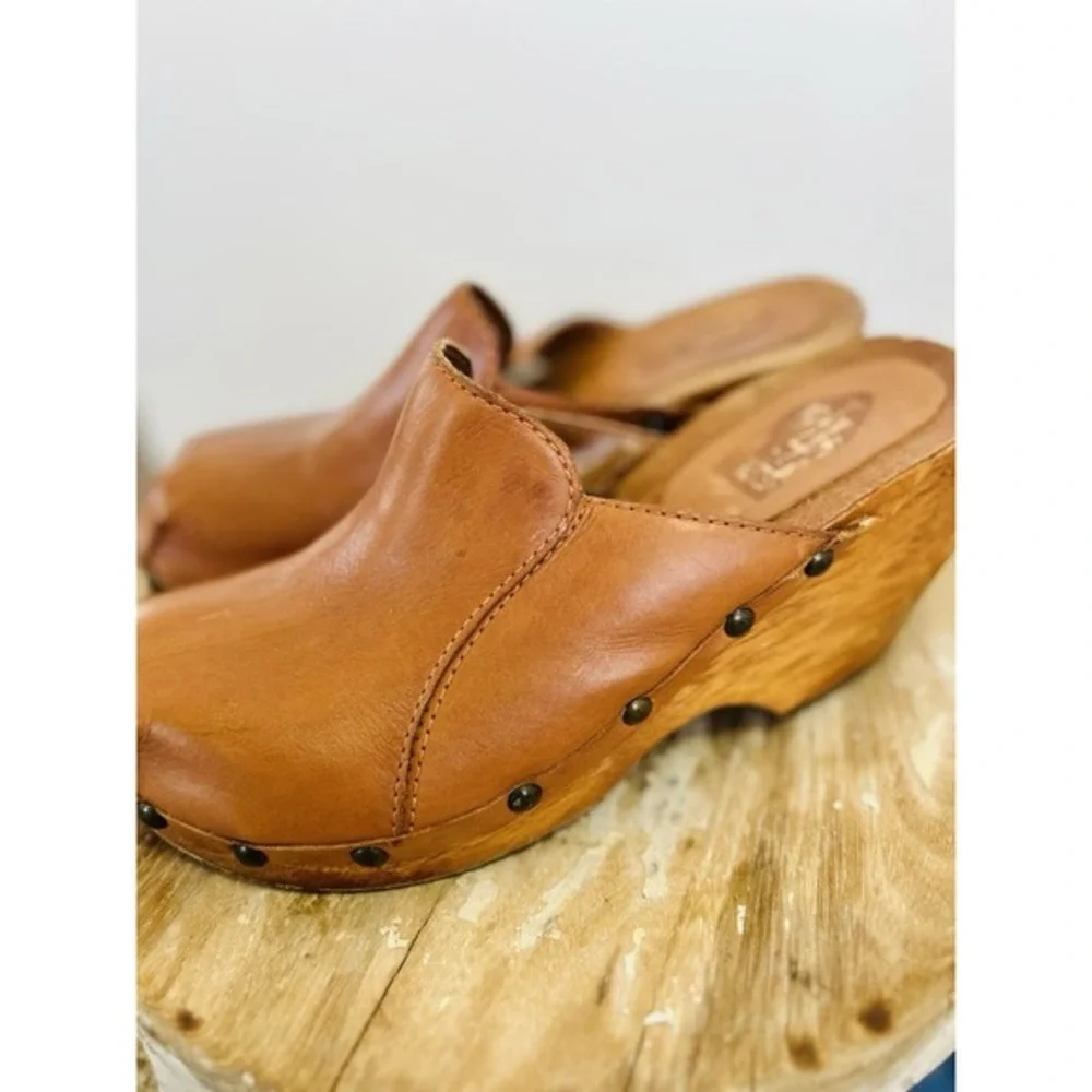 Vintage Y2K London Underground Leather Wooden Platform Clog Size‎ 37